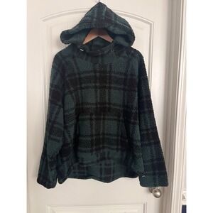 Victorias Secret PINK Fleece Sherpa Pullover Pocket Hoodie Jacket Green Plaid XL